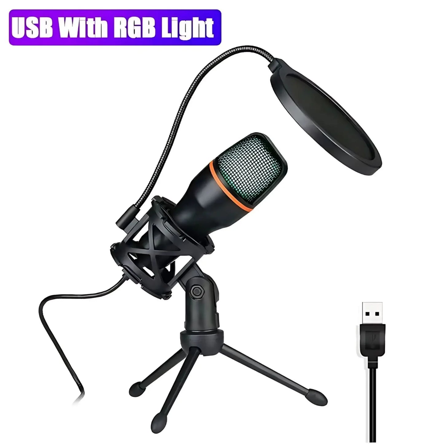 Condenser USB Microphone Kit With Tripod Stand And RGB Lighting
