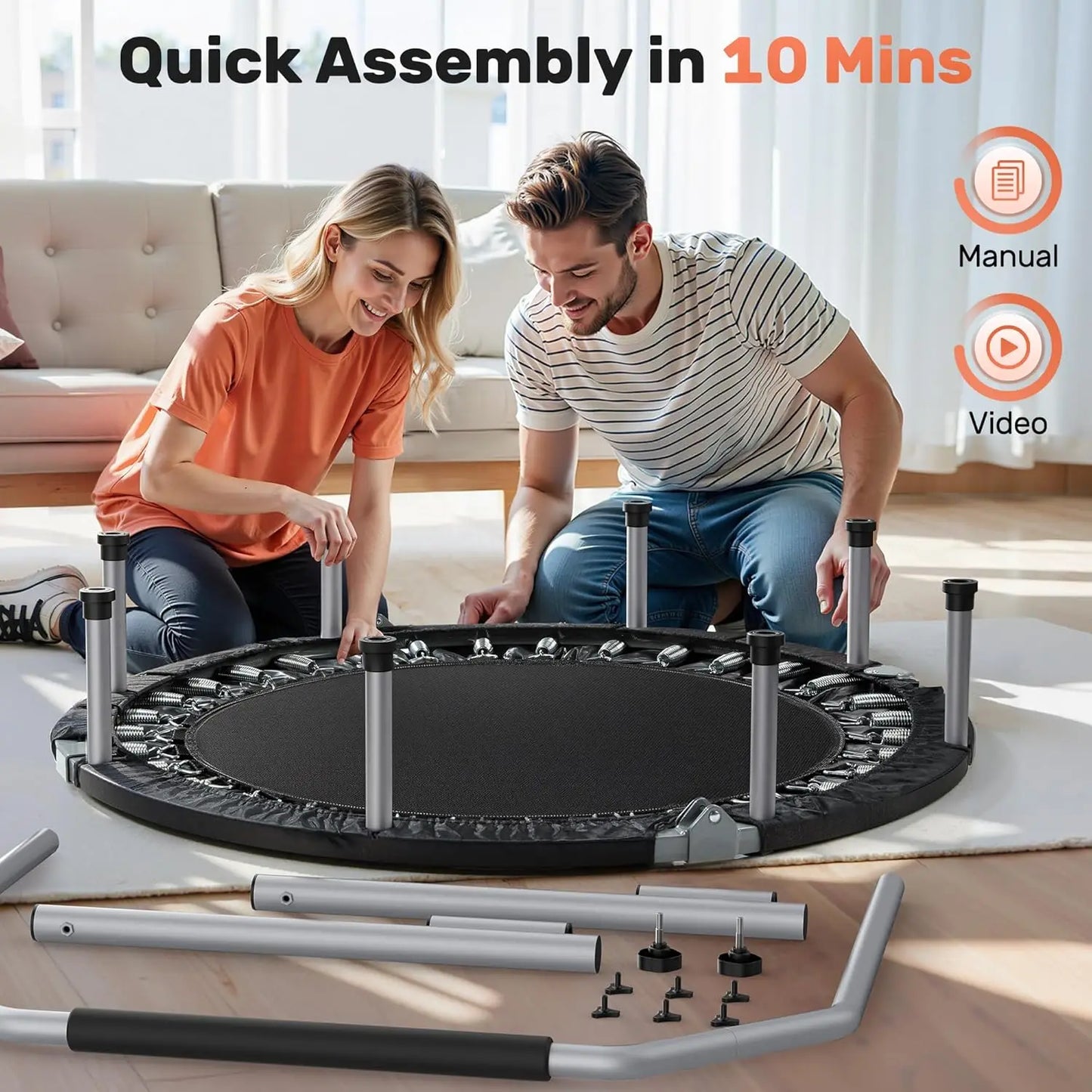 Foldable Mini Trampoline With Adjustable Foam Handle Fitness Rebounder