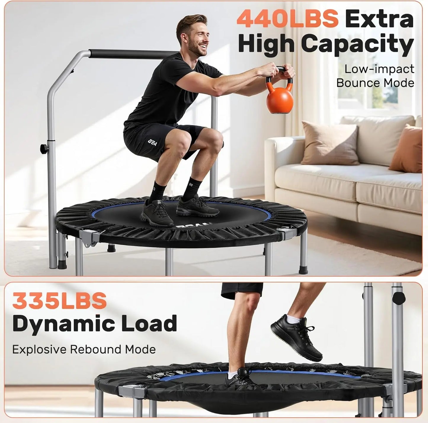 Foldable Mini Trampoline With Adjustable Foam Handle Fitness Rebounder
