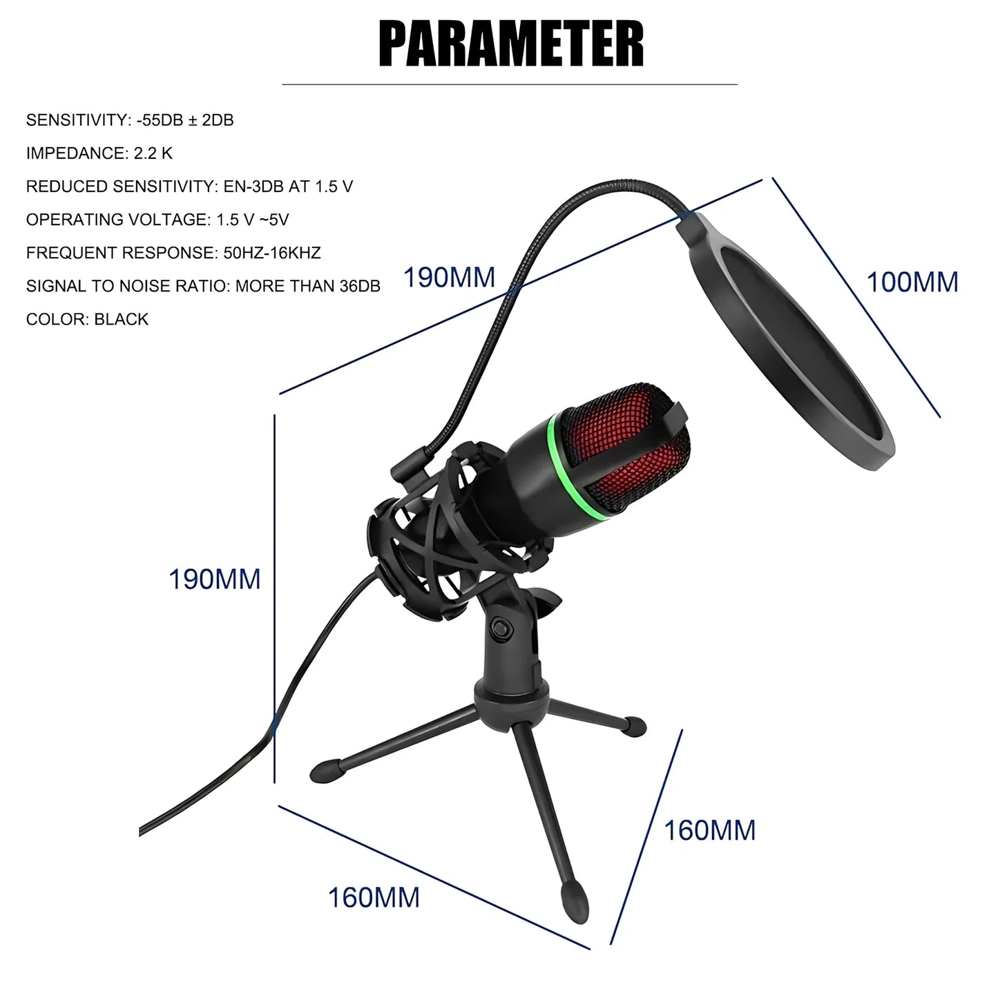 Condenser USB Microphone Kit With Tripod Stand And RGB Lighting