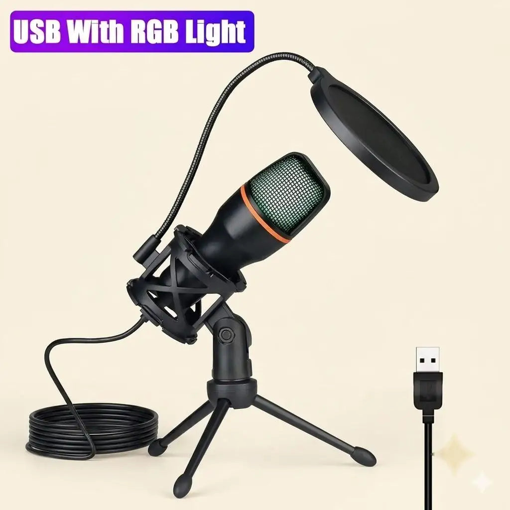 Condenser USB Microphone Kit With Tripod Stand And RGB Lighting