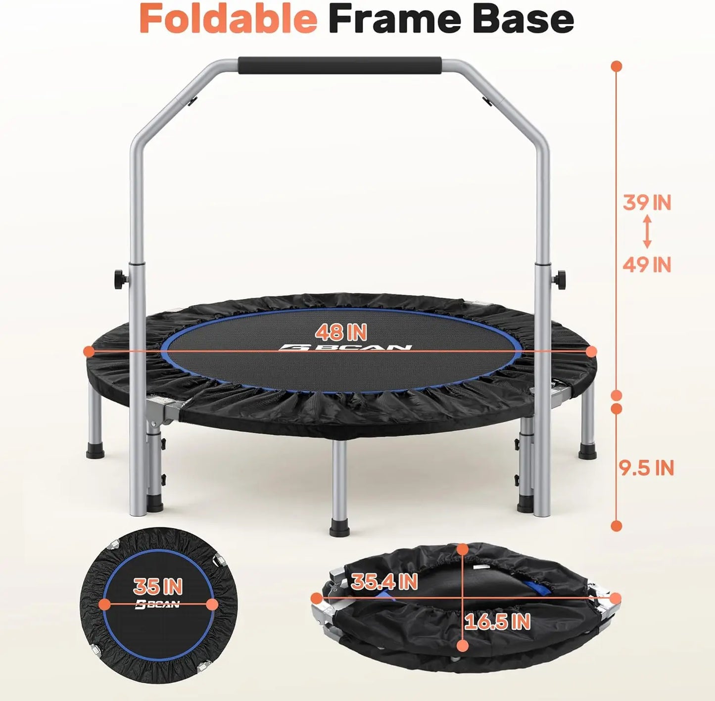 Foldable Mini Trampoline With Adjustable Foam Handle Fitness Rebounder