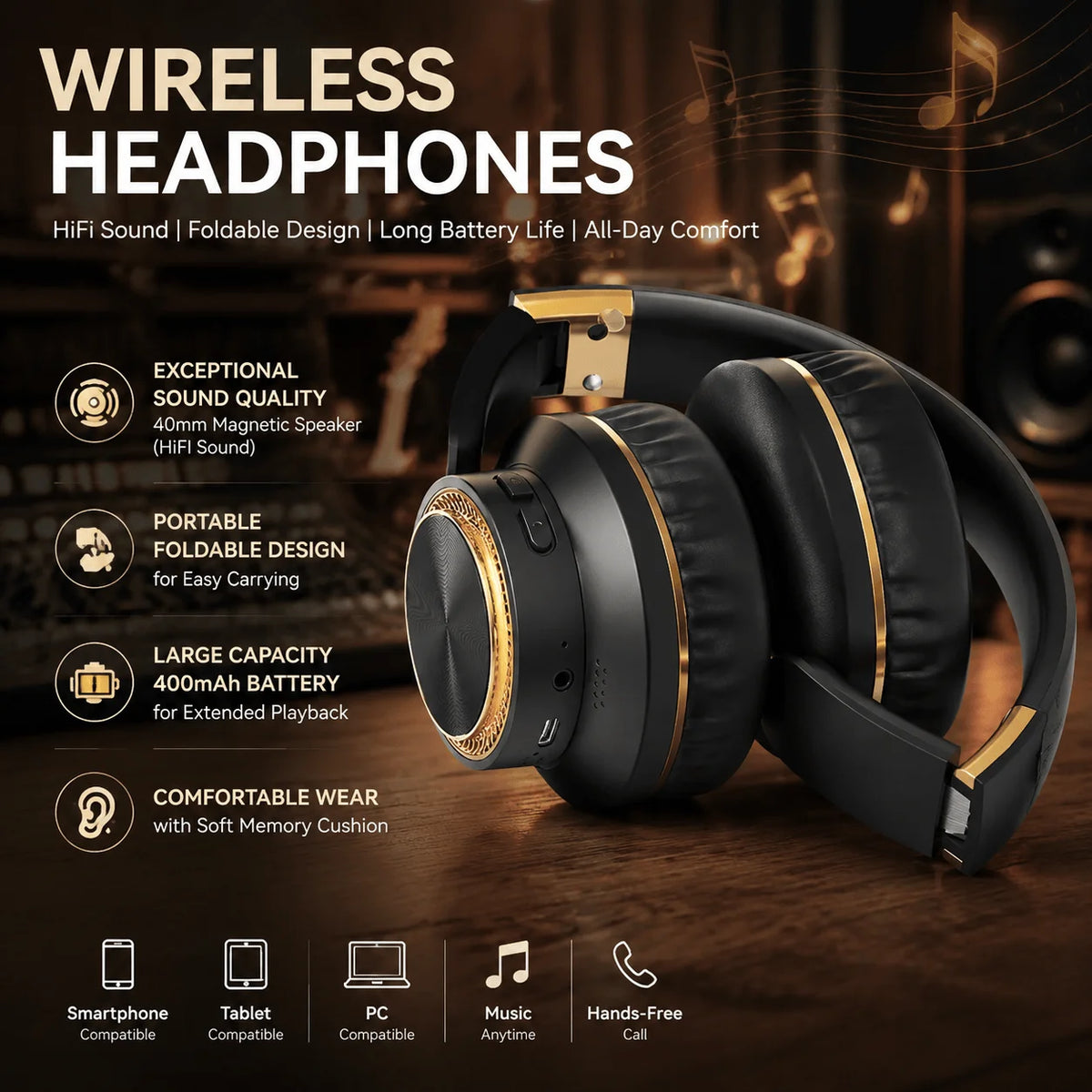 Stonego Wireless Bluetooth Over Ear Headphones With Built In Microphone