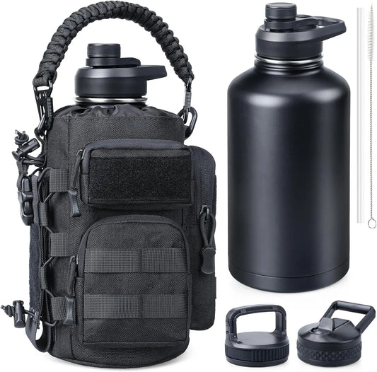Insulated Stainless Steel Water Bottle With Pouch And Three Lids