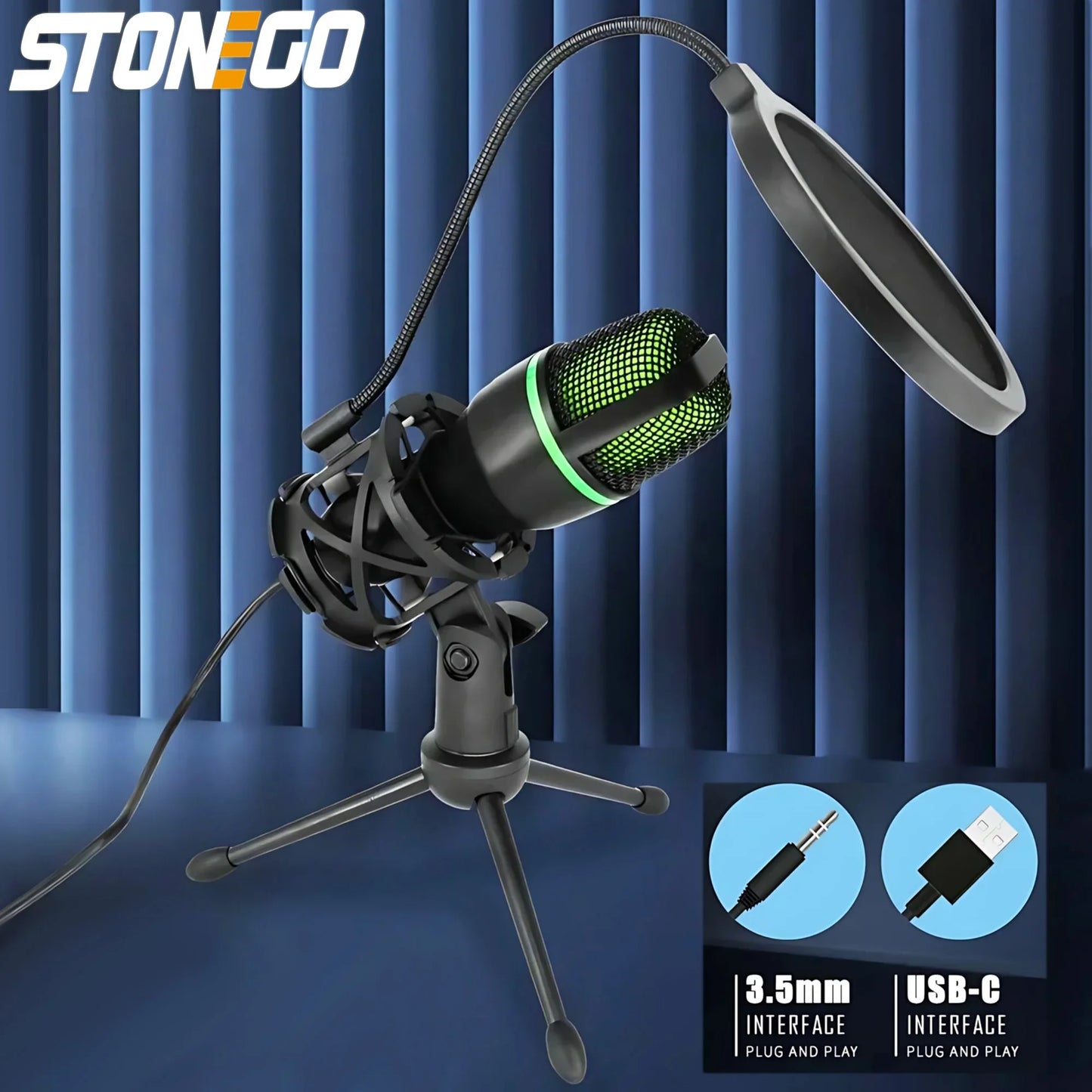 Condenser USB Microphone Kit With Tripod Stand And RGB Lighting