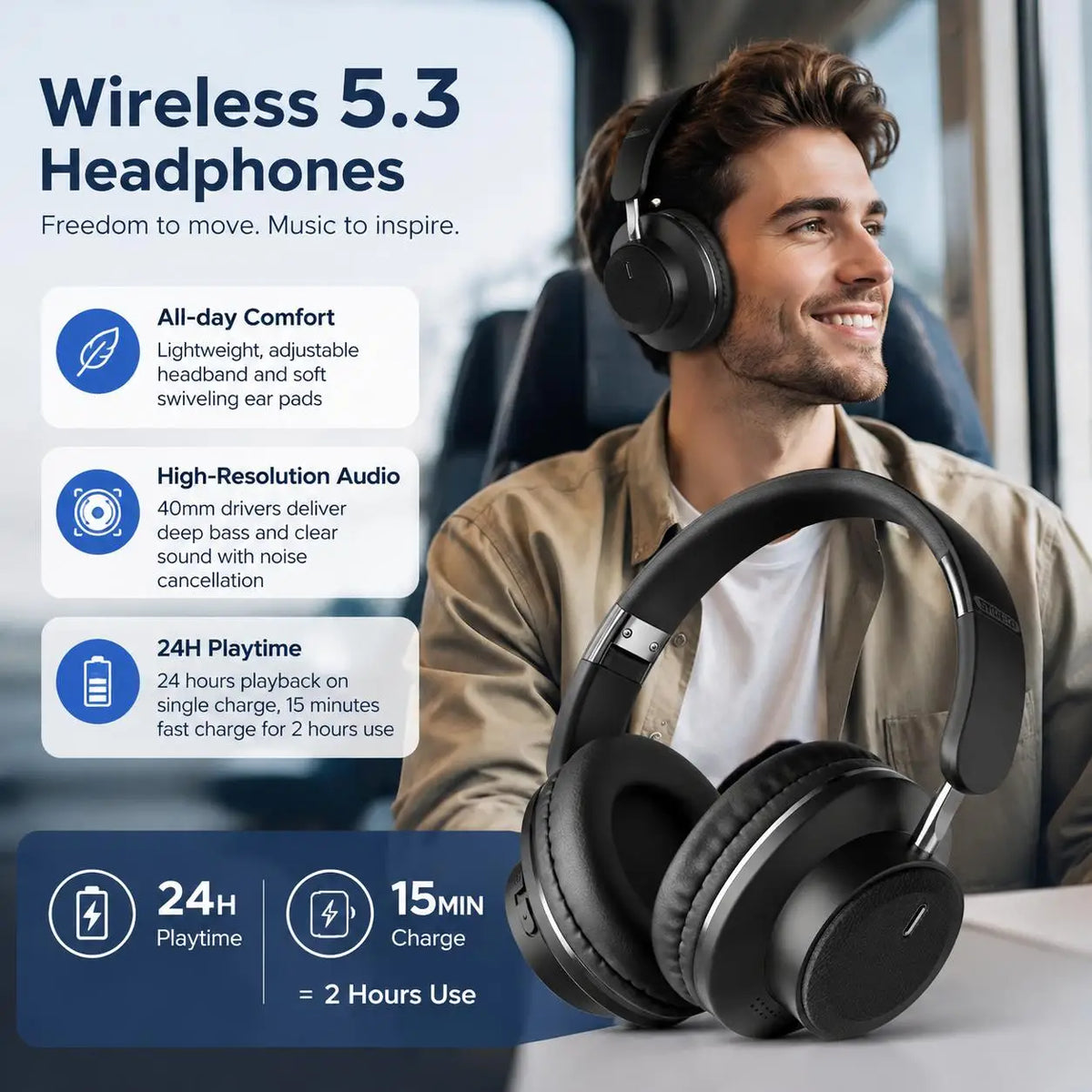 Stonego Foldable Wireless Over Ear Headphones Bluetooth Stereo