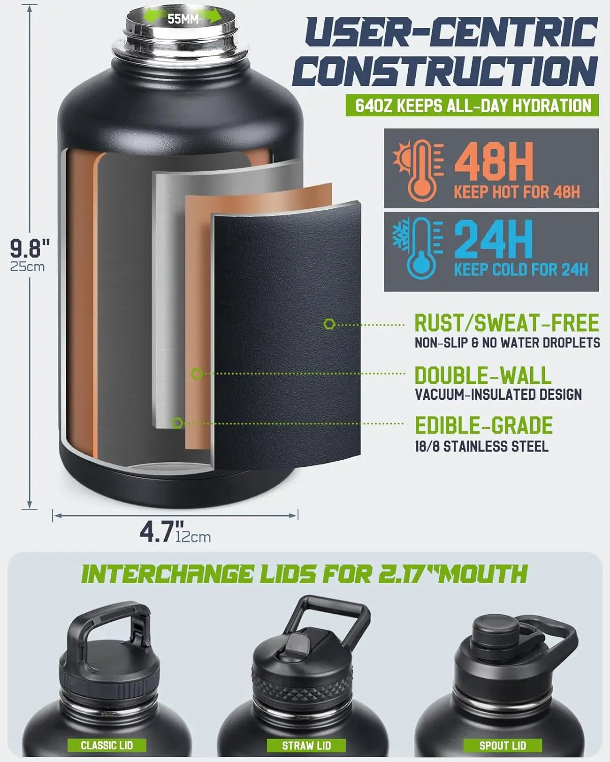 Insulated Stainless Steel Water Bottle With Pouch And Three Lids