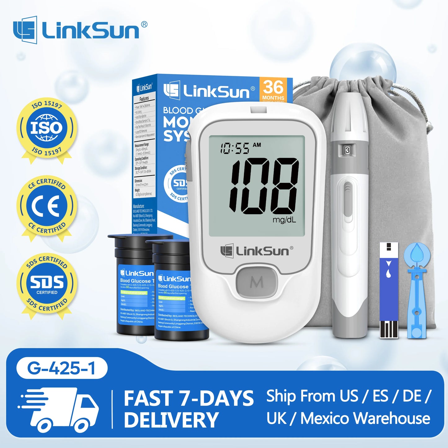 Linksun Blood Glucose Monitor G-425-1 50 Strips Diabetes Testing Kit