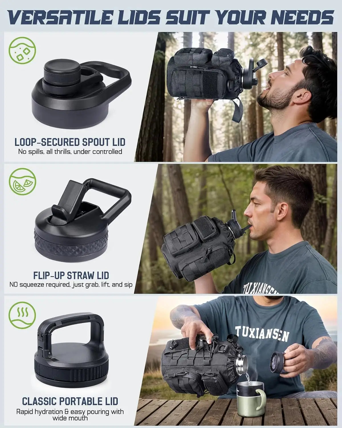 Insulated Stainless Steel Water Bottle With Pouch And Three Lids