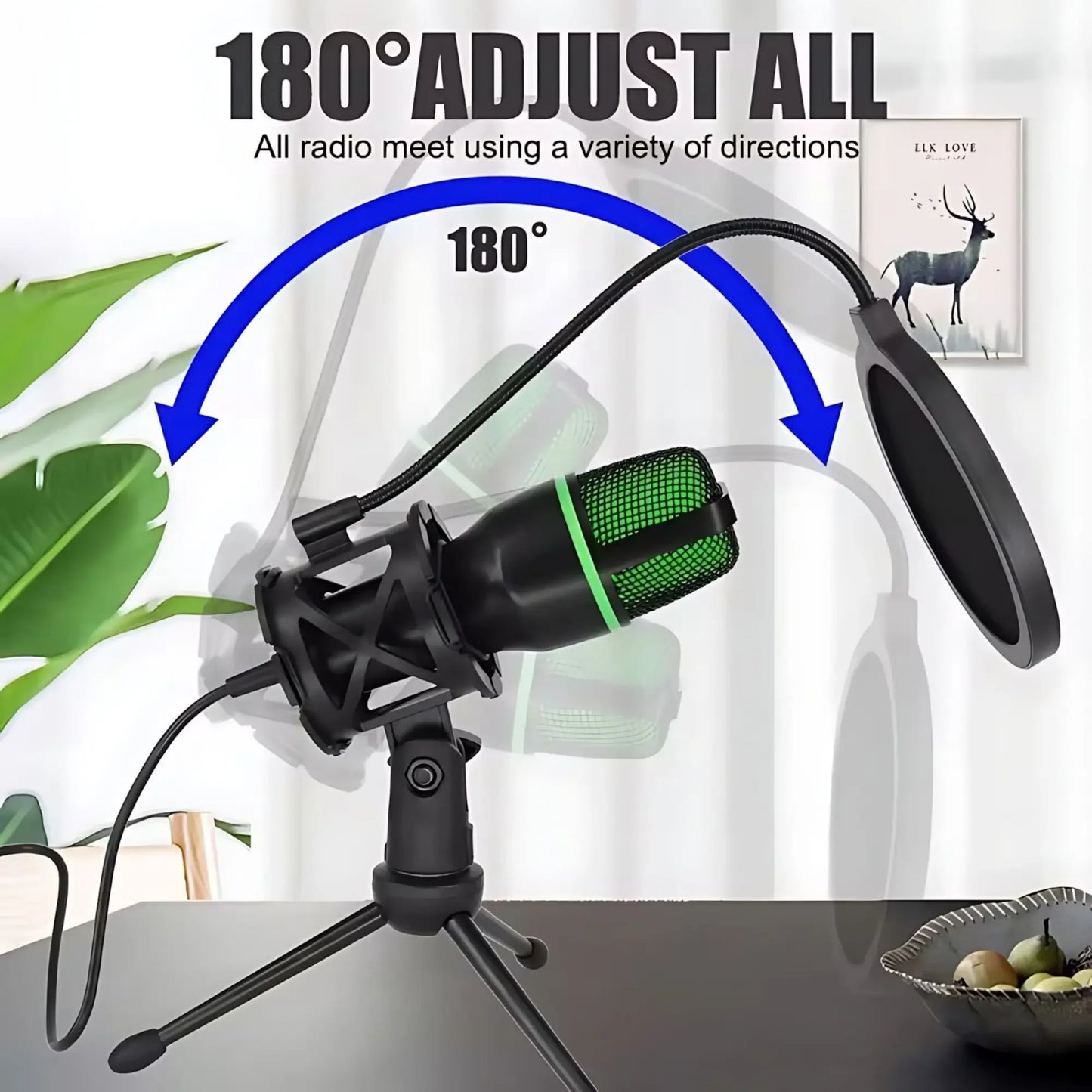 Condenser USB Microphone Kit With Tripod Stand And RGB Lighting