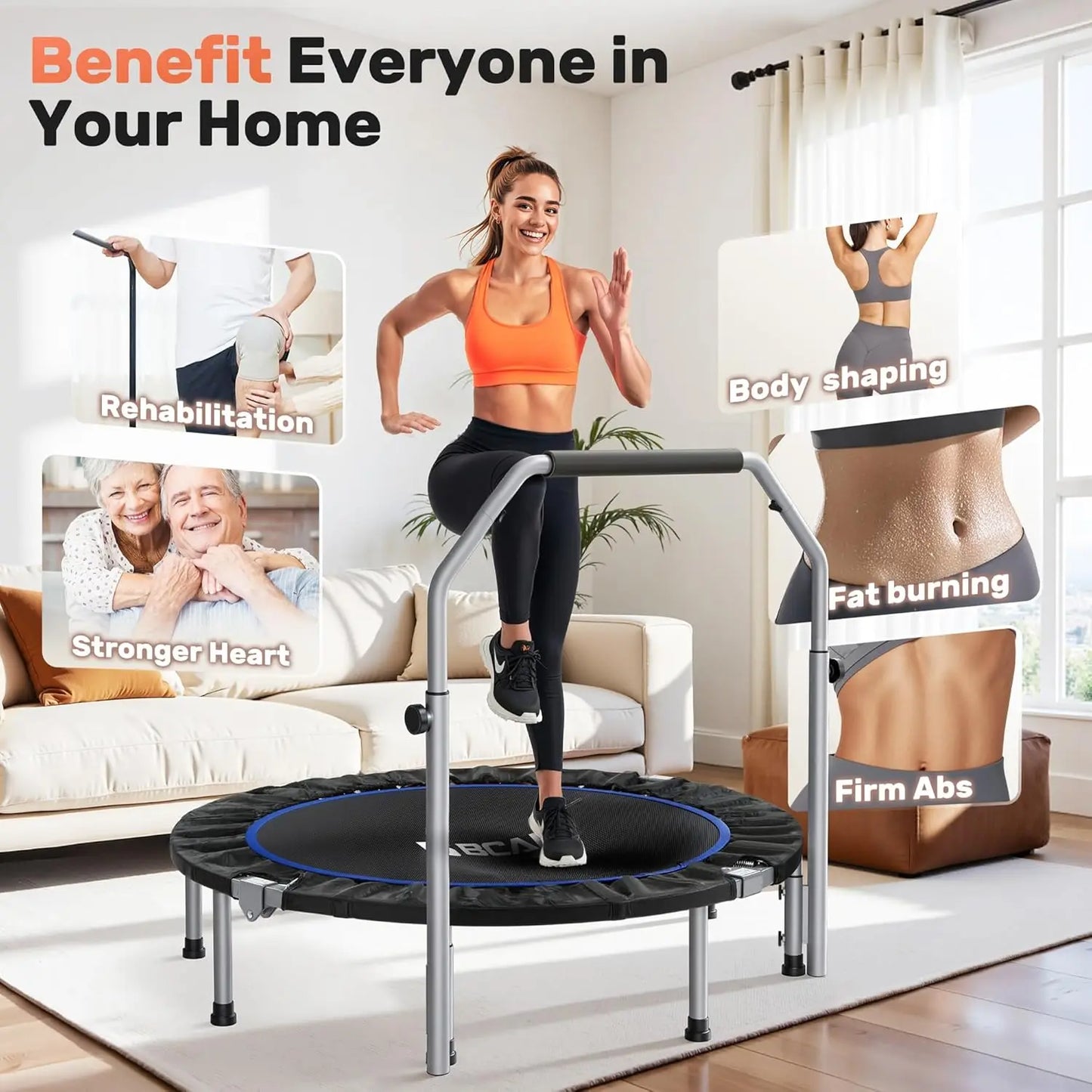 Foldable Mini Trampoline With Adjustable Foam Handle Fitness Rebounder