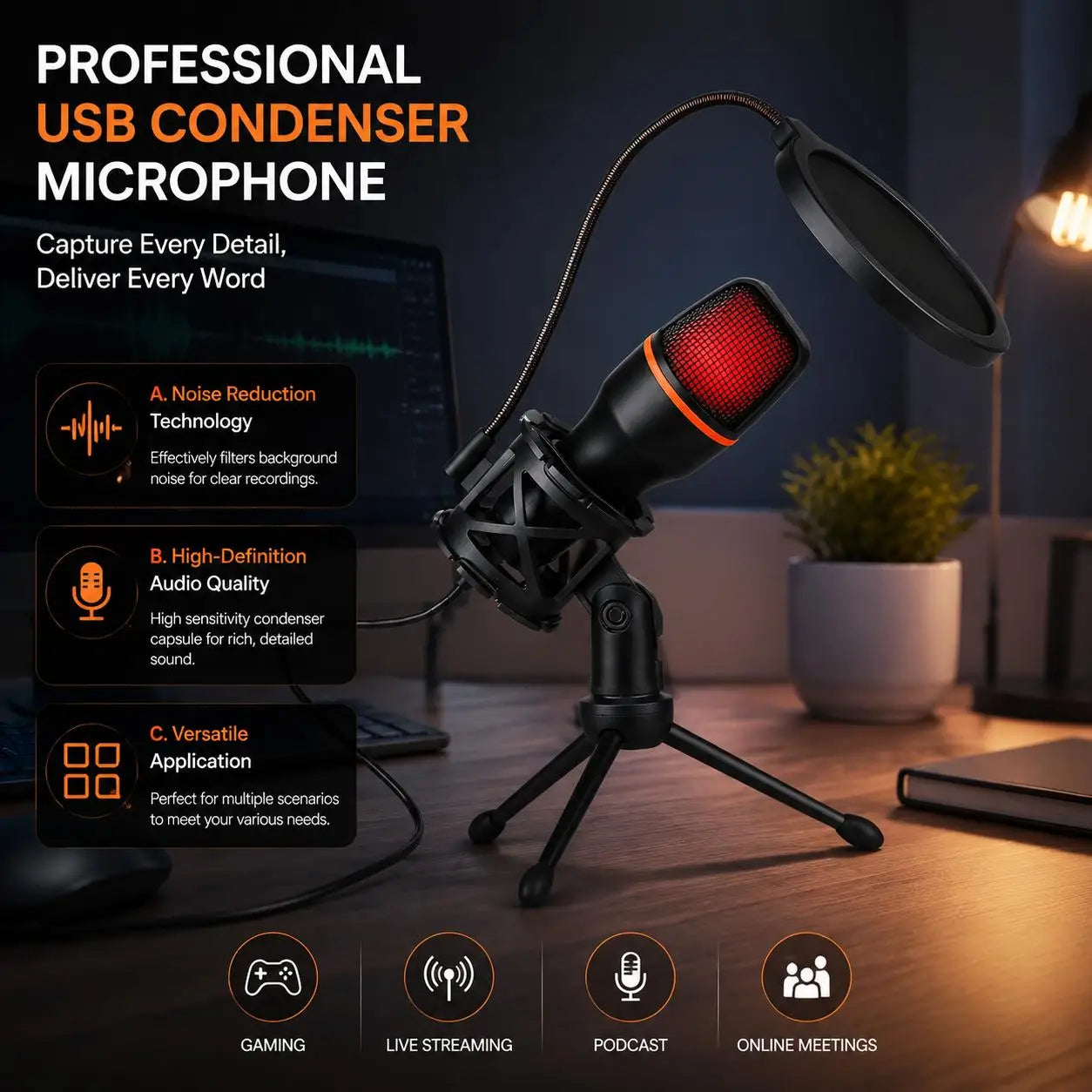Condenser USB Microphone Kit With Tripod Stand And RGB Lighting