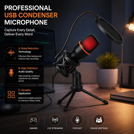 Condenser USB Microphone Kit With Tripod Stand And RGB Lighting